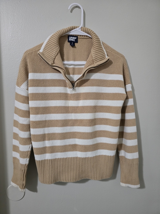 Lands' End Sweaters - Lands' End Woman's Tan & White Stripe Half-Zip Sweater